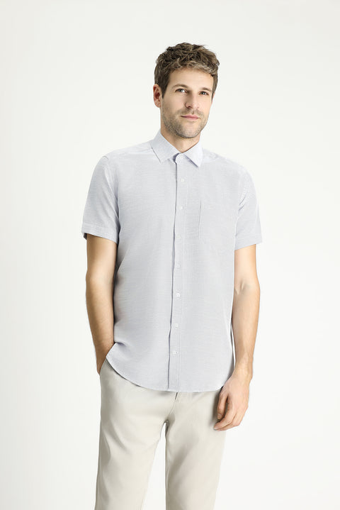 Saks Mavi Kısa Kol Regular Fit Desenli Pamuklu Gömlek