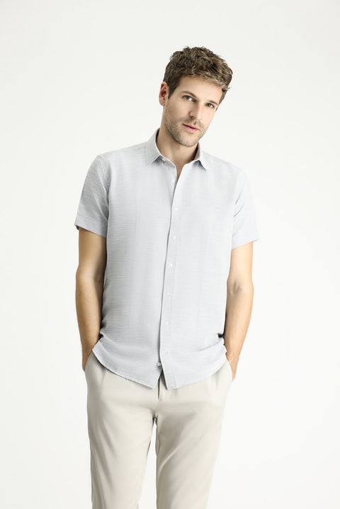 Siyah Kısa Kol Regular Fit Desenli Pamuklu Gömlek