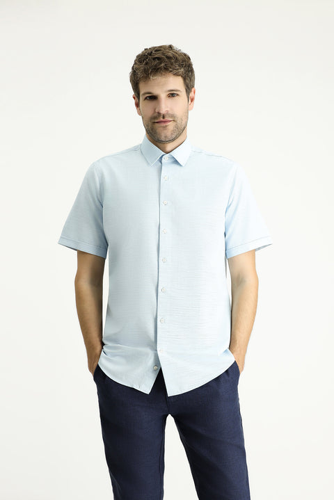 Açık Mavi Kısa Kol Regular Fit Desenli Pamuklu Gömlek