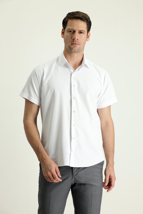White Short-Sleeve Regular Fit Cotton Shirt