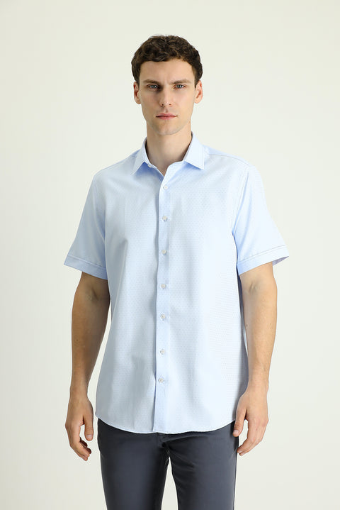 Uçuk Mavi Kısa Kol Regular Fit Desenli Pamuklu Kolay Ütülenebilir Gömlek