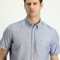 Koyu Lacivert Kısa Kol Regular Fit Spor Pamuklu Kolay Ütülenebilir Düğmeli Yaka Gömlek