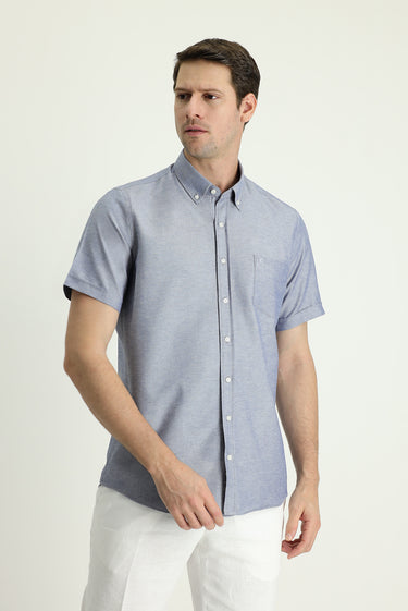 Koyu Lacivert Kısa Kol Regular Fit Spor Pamuklu Kolay Ütülenebilir Düğmeli Yaka Gömlek