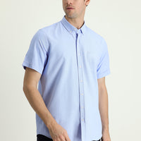 Gök Mavisi Kısa Kol Regular Fit Spor Pamuklu Kolay Ütülenebilir Düğmeli Yaka Gömlek