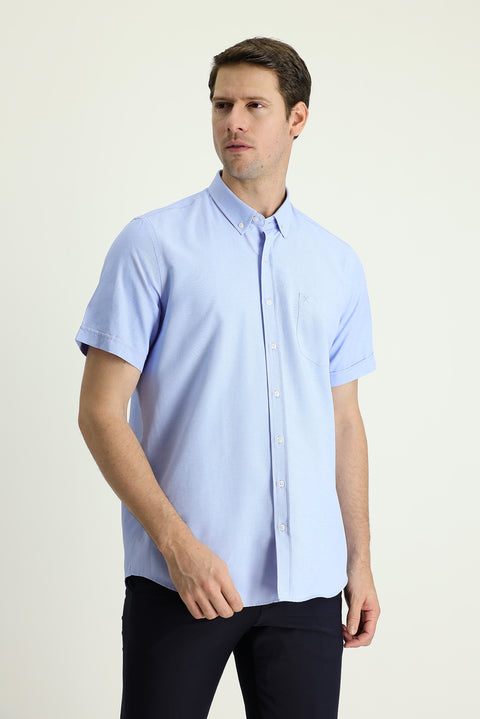 Gök Mavisi Kısa Kol Regular Fit Spor Pamuklu Kolay Ütülenebilir Düğmeli Yaka Gömlek