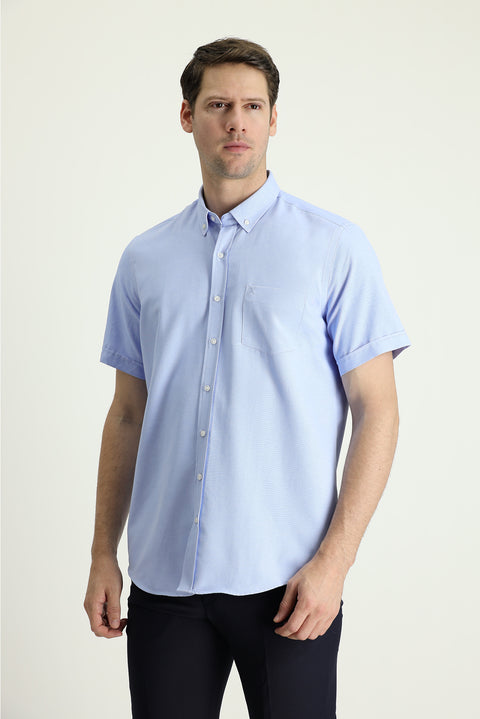 Gök Mavisi Kısa Kol Regular Fit Spor Pamuklu Kolay Ütülenebilir Düğmeli Yaka Gömlek