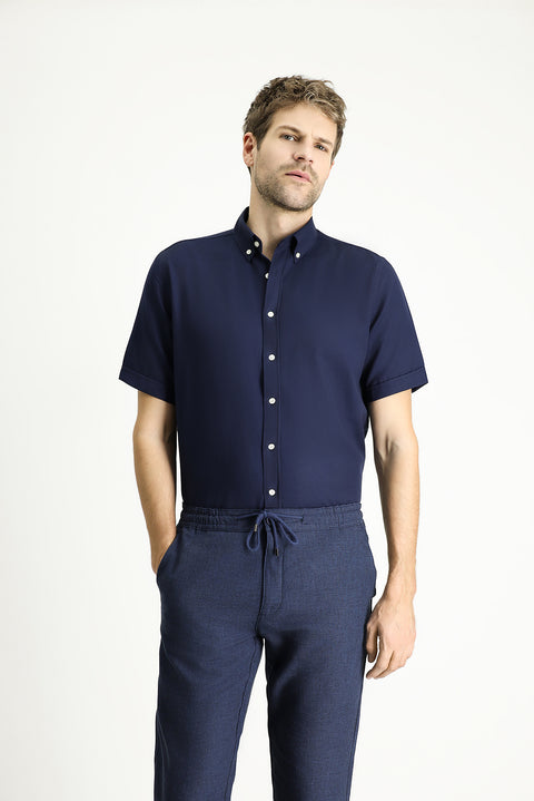 Koyu Lacivert Kısa Kol Regular Fit Çizgili Pamuklu Gömlek