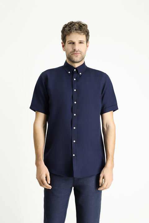 Koyu Lacivert Kısa Kol Regular Fit Çizgili Pamuklu Gömlek