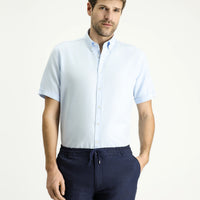 Açık Mavi Kısa Kol Regular Fit Çizgili Pamuklu Gömlek