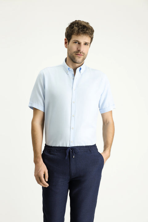 Açık Mavi Kısa Kol Regular Fit Çizgili Pamuklu Gömlek