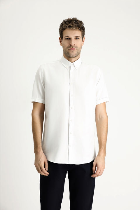Beyaz Kısa Kol Regular Fit Çizgili Pamuklu Gömlek