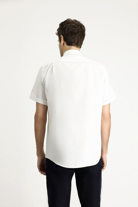 Beyaz Kısa Kol Regular Fit Çizgili Pamuklu Gömlek