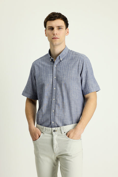 Orta Lacivert Kısa Kol Regular Fit Çizgili Pamuk Gömlek