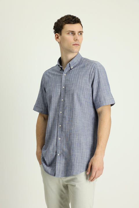 Orta Lacivert Kısa Kol Regular Fit Çizgili Pamuk Gömlek