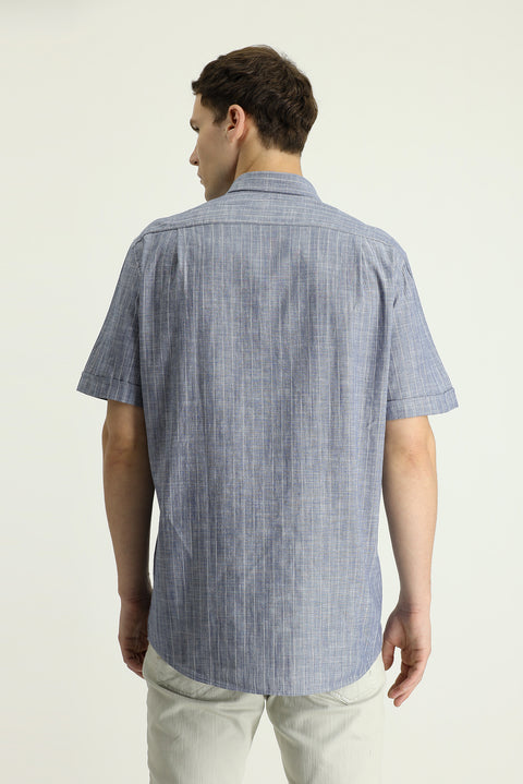 Orta Lacivert Kısa Kol Regular Fit Çizgili Pamuk Gömlek