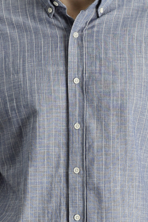 Orta Lacivert Kısa Kol Regular Fit Çizgili Pamuk Gömlek