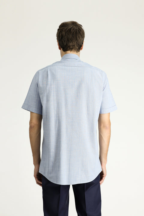 Açık Mavi Kısa Kol Regular Fit Çizgili Pamuk Gömlek