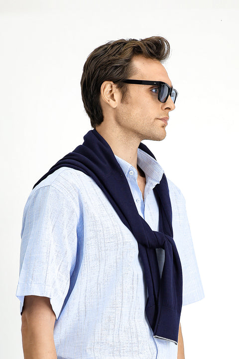 Gök Mavisi Kısa Kol Regular Fit Düğmeli Yaka Pamuk Gömlek