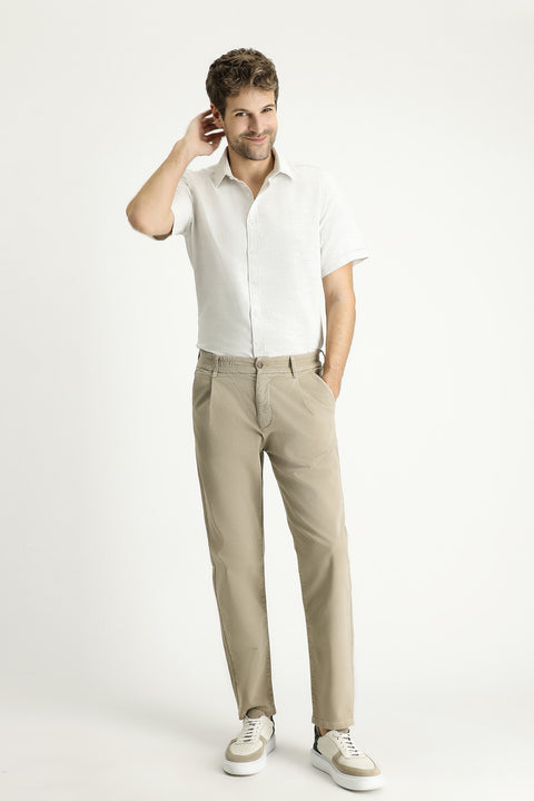 Krem Kısa Kol Regular Fit Keten Görünümlü Pamuklu Gömlek