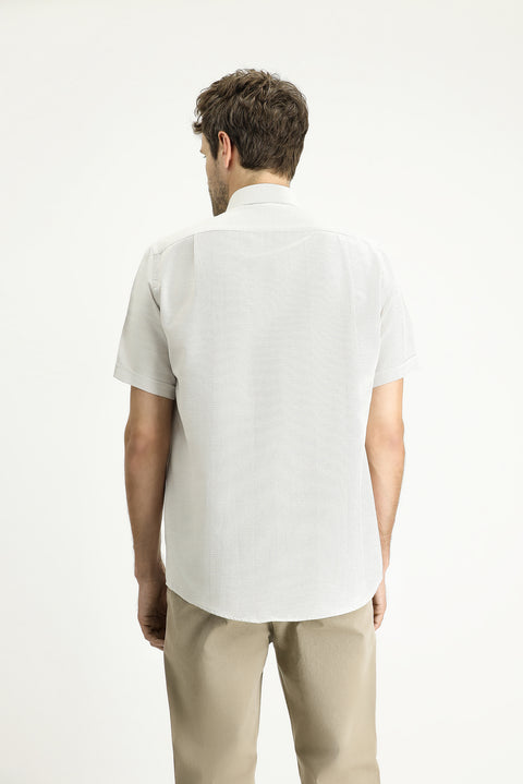 Krem Kısa Kol Regular Fit Keten Görünümlü Pamuklu Gömlek