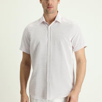 Toz Pembe Kısa Kol Regular Fit Keten Görünümlü Pamuklu Gömlek