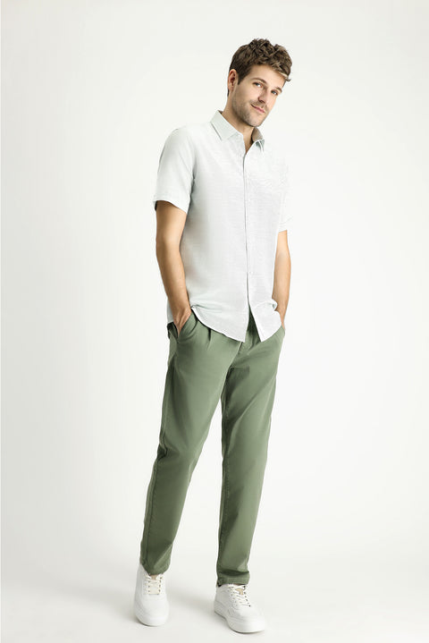 Çimen Yeşili Kısa Kol Regular Fit Keten Görünümlü Pamuklu Gömlek