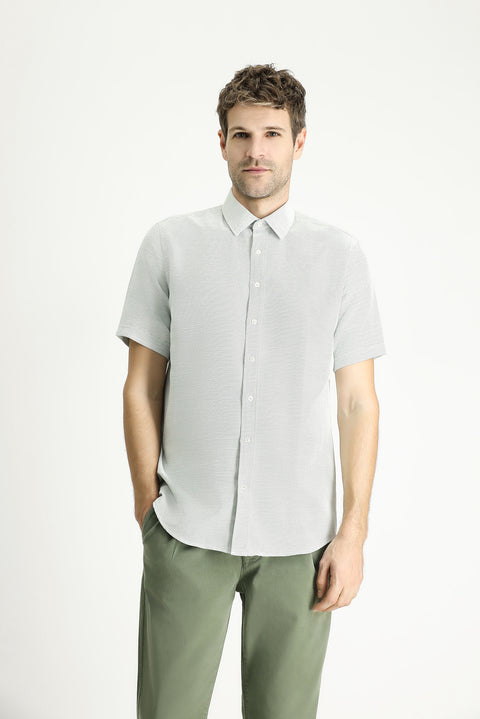 Çimen Yeşili Kısa Kol Regular Fit Keten Görünümlü Pamuklu Gömlek