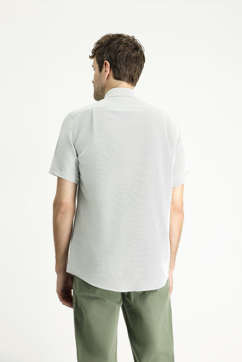 Çimen Yeşili Kısa Kol Regular Fit Keten Görünümlü Pamuklu Gömlek