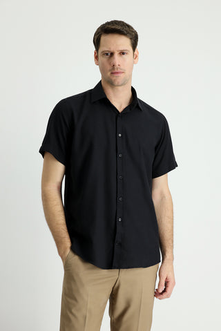  Siyah K?sa Kol Regular Fit Spor Pamuklu Keten Gömlek-Ki??l?