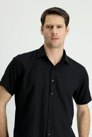  Siyah K?sa Kol Regular Fit Spor Pamuklu Keten Gömlek-Ki??l?