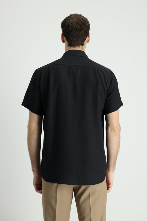 Black Short Sleeve Regular Fit Sport Cotton Linen Blend Shirt