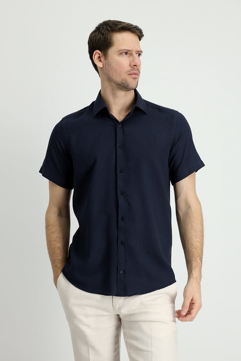 Koyu Lacivert Kısa Kol Regular Fit Spor Pamuklu Keten Karışımlı Gömlek