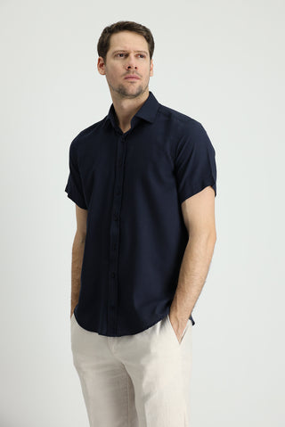  Koyu Lacivert Kısa Kol Regular Fit Spor Pamuklu Keten Karışımlı Gömlek