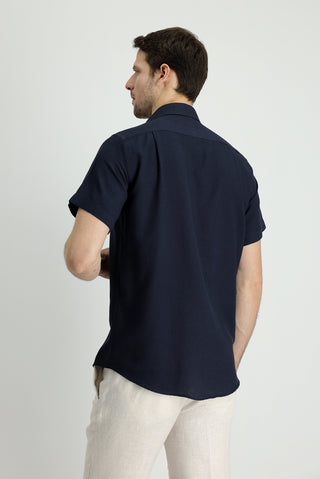  Koyu Lacivert Kısa Kol Regular Fit Spor Pamuklu Keten Karışımlı Gömlek