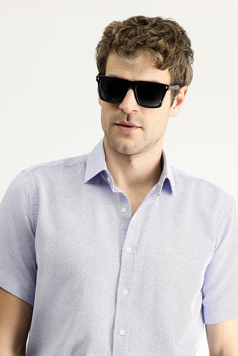 Saks Mavi Kısa Kol Regular Fit Spor Pamuklu Keten Karışımlı Gömlek