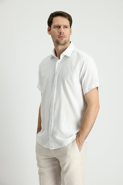 Beyaz Kısa Kol Regular Fit Spor Pamuklu Keten Karışımlı Gömlek