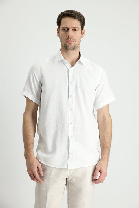 Beyaz Kısa Kol Regular Fit Spor Pamuklu Keten Karışımlı Gömlek