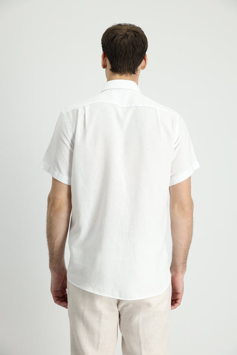 Beyaz Kısa Kol Regular Fit Spor Pamuklu Keten Karışımlı Gömlek