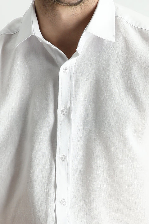 Beyaz Kısa Kol Regular Fit Spor Pamuklu Keten Karışımlı Gömlek