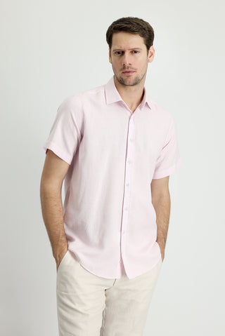  Toz Pembe K?sa Kol Regular Fit Spor Pamuklu Keten Kar???ml? Gömlek-Ki??l?