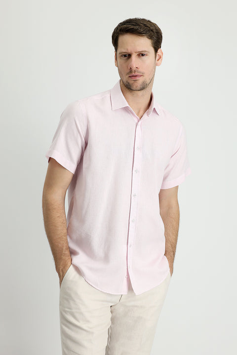 Toz Pembe Kısa Kol Regular Fit Spor Pamuklu Keten Karışımlı Gömlek