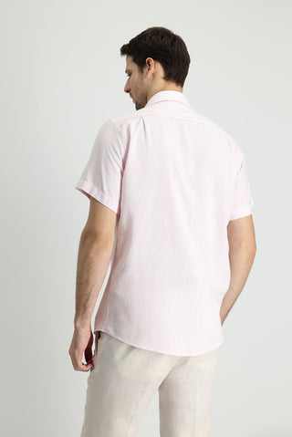  Toz Pembe K?sa Kol Regular Fit Spor Pamuklu Keten Kar???ml? Gömlek-Ki??l?