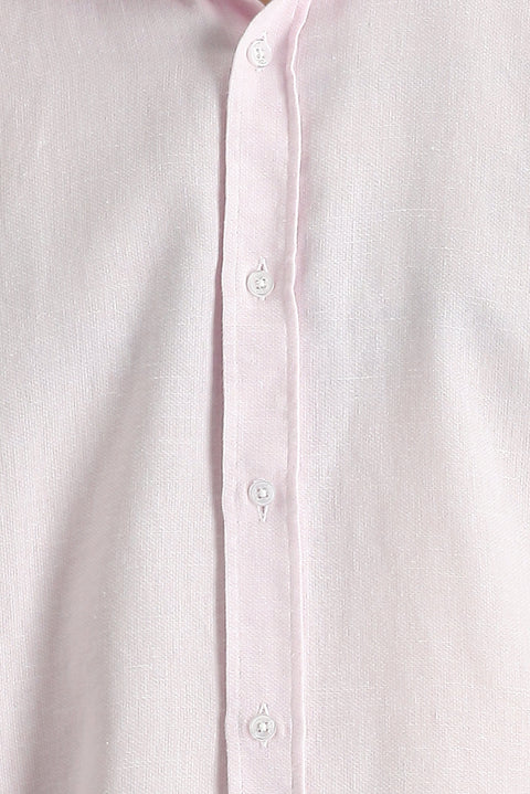 Toz Pembe Kısa Kol Regular Fit Spor Pamuklu Keten Karışımlı Gömlek