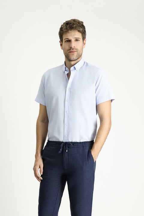 Uçuk Mavi Kısa Kol Regular Fit Çizgili Pamuklu Kolay Ütülenebilir Gömlek