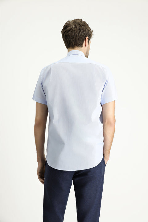 Uçuk Mavi Kısa Kol Regular Fit Çizgili Pamuklu Kolay Ütülenebilir Gömlek