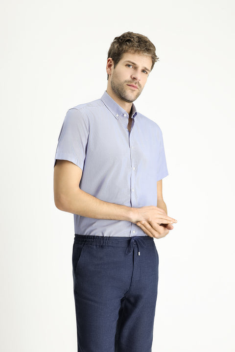 Açık Mavi Kısa Kol Regular Fit Çizgili Pamuklu Gömlek