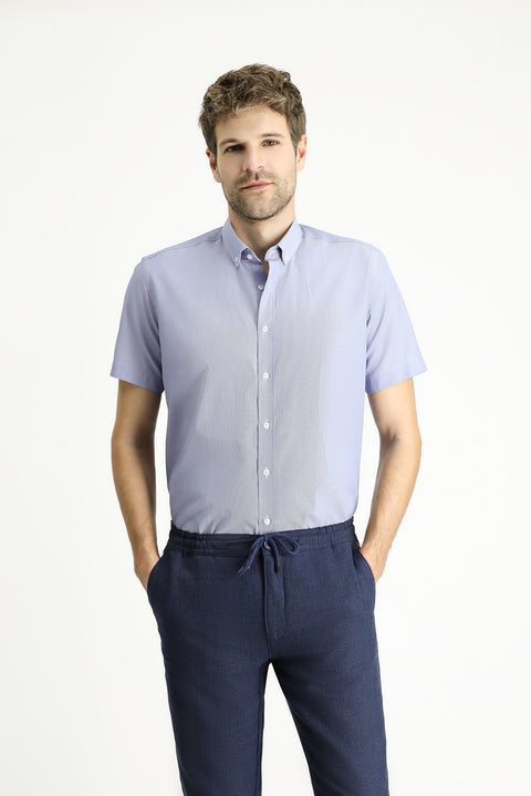 Açık Mavi Kısa Kol Regular Fit Çizgili Pamuklu Gömlek