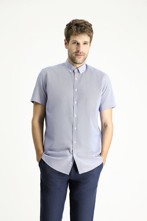 Açık Mavi Kısa Kol Regular Fit Çizgili Pamuklu Gömlek