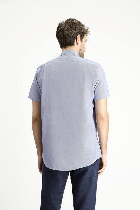 Açık Mavi Kısa Kol Regular Fit Çizgili Pamuklu Gömlek