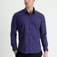 Koyu Lacivert Uzun Kol Slim Fit Dar Kesim Baskılı Pamuk Gömlek